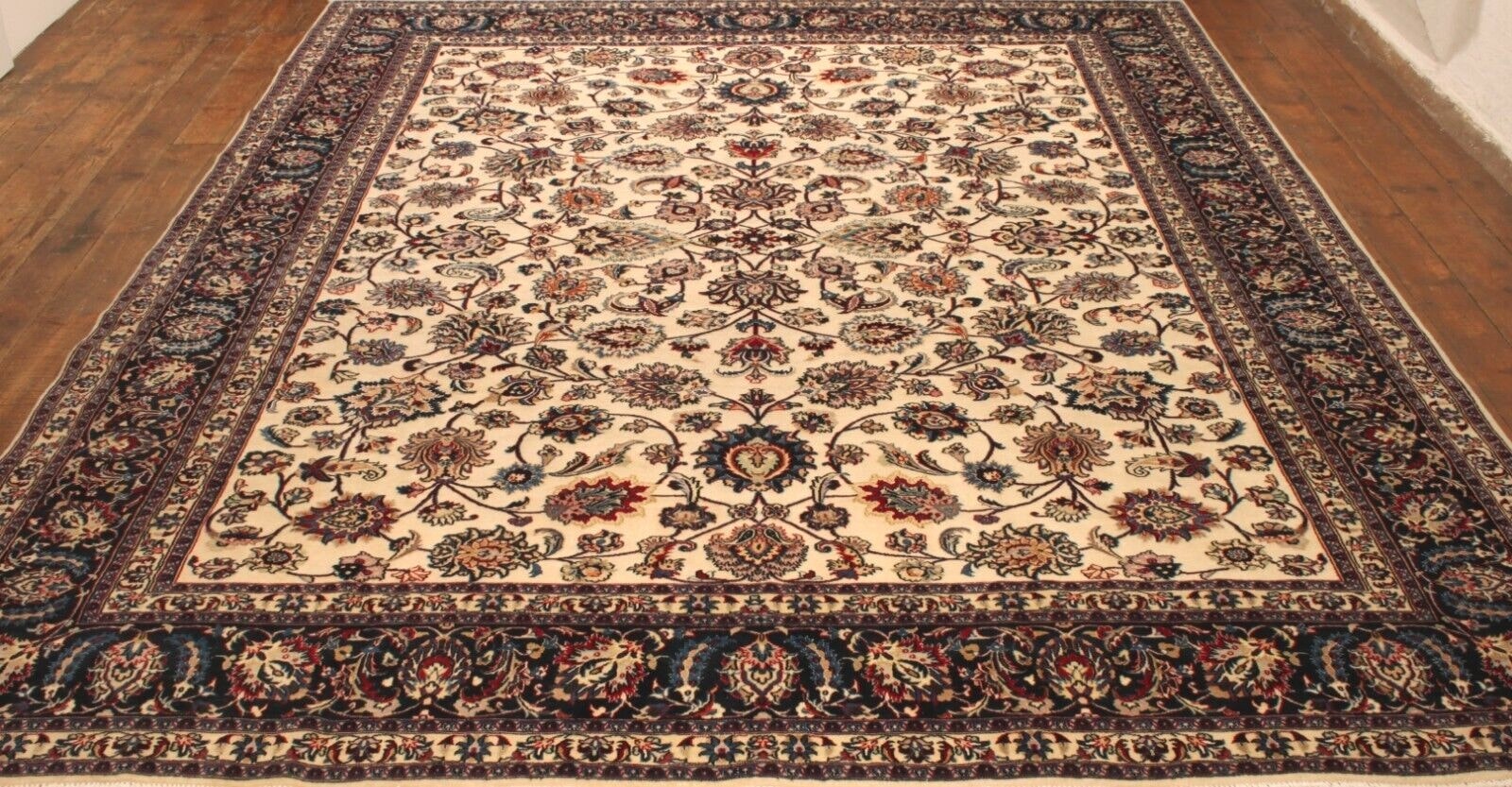 Close-up of the light beige background of the Handmade Contemporary Persian Style Tabriz Rug