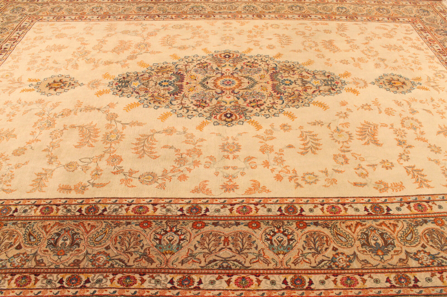 Overhead shot of the Handmade Contemporary Persian Style Tabriz Rug displaying size and dimensions