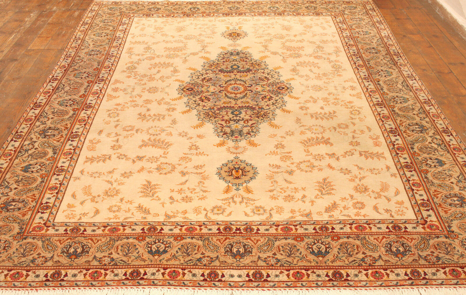 Close-up of the beautiful beige color of the Handmade Contemporary Persian Style Tabriz Rug