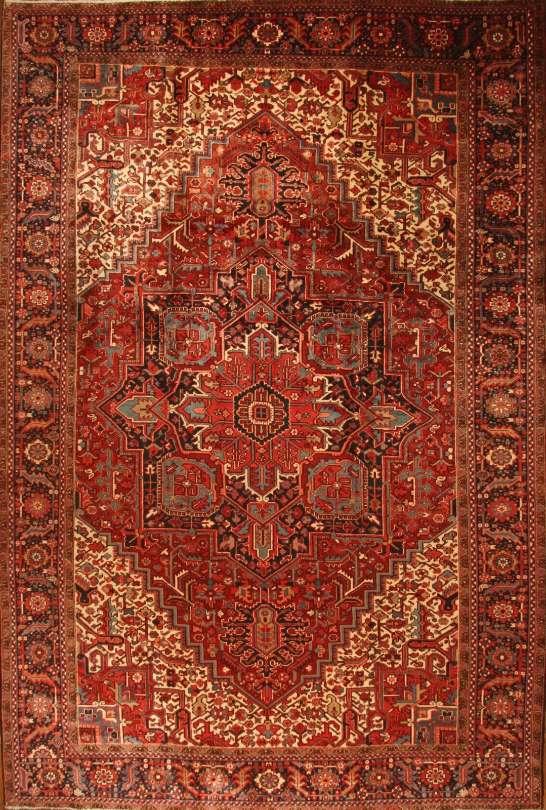Handmade Vintage Persian Style Heriz Rug showcased in a classic living room setting