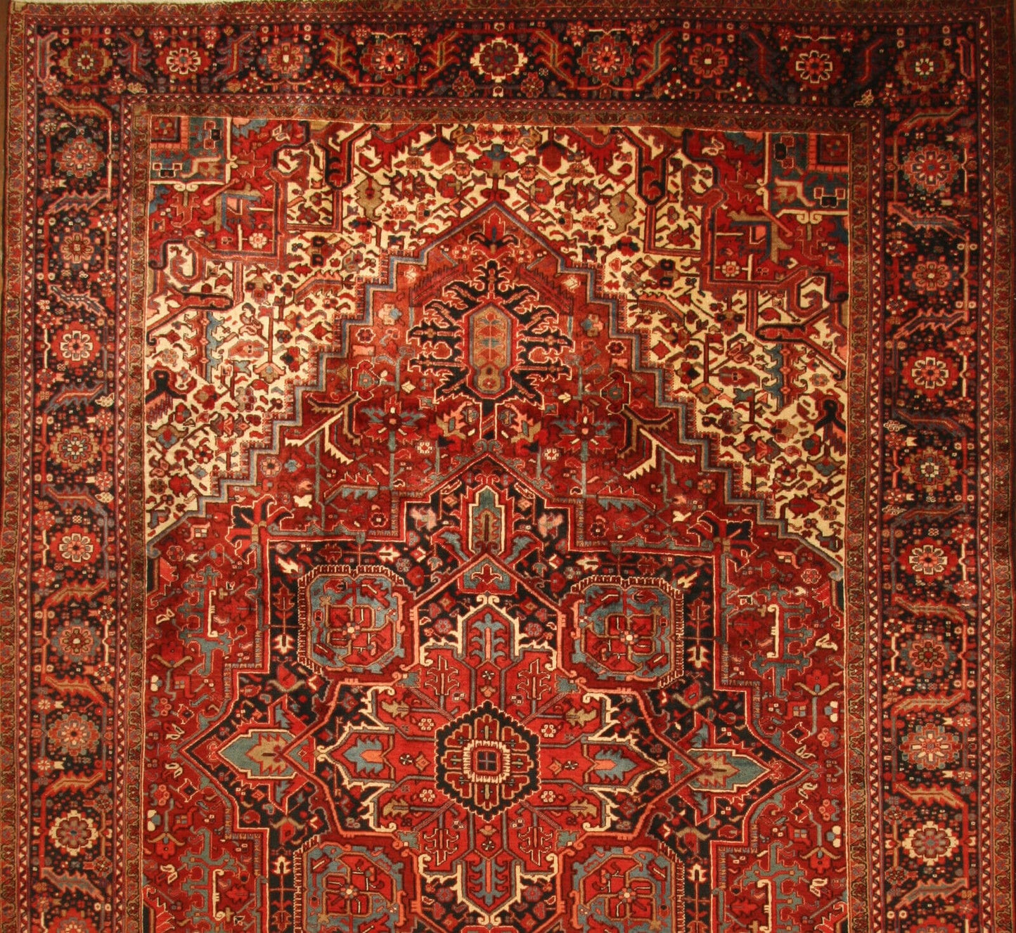 Side view of the Handmade Vintage Persian Style Heriz Rug demonstrating texture