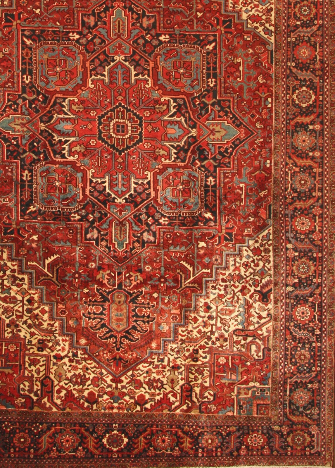 Overhead shot of the Handmade Vintage Persian Style Heriz Rug displaying size and dimensions