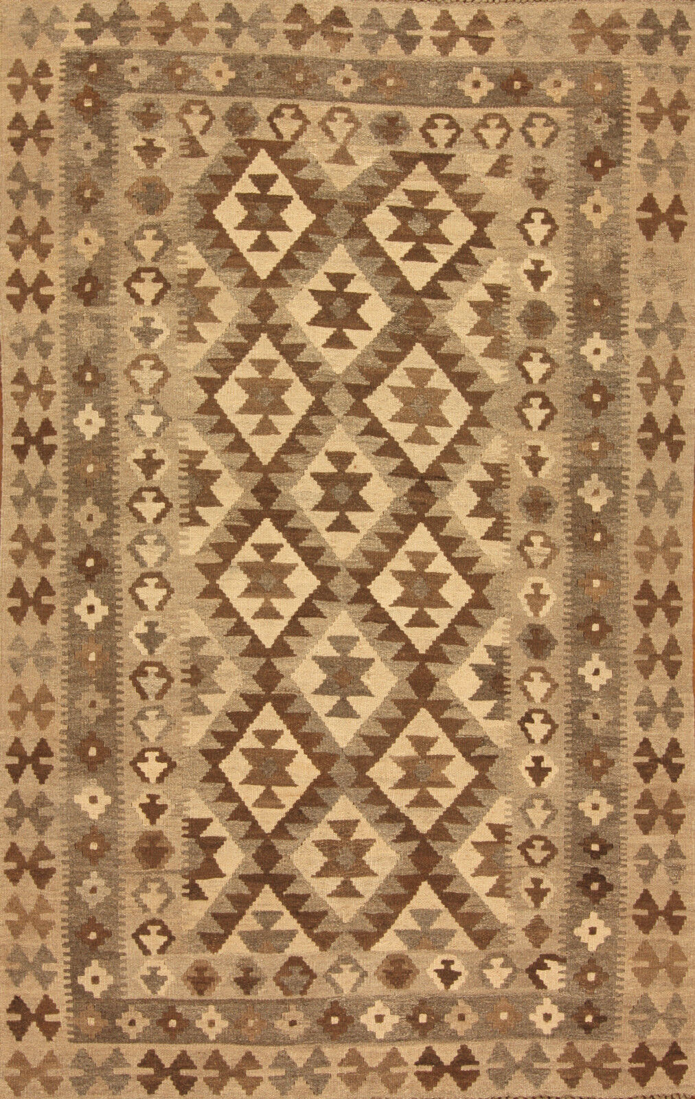Close-up of the intricate geometric patterns on the Handmade Vintage Afghan Flatweave Kilim