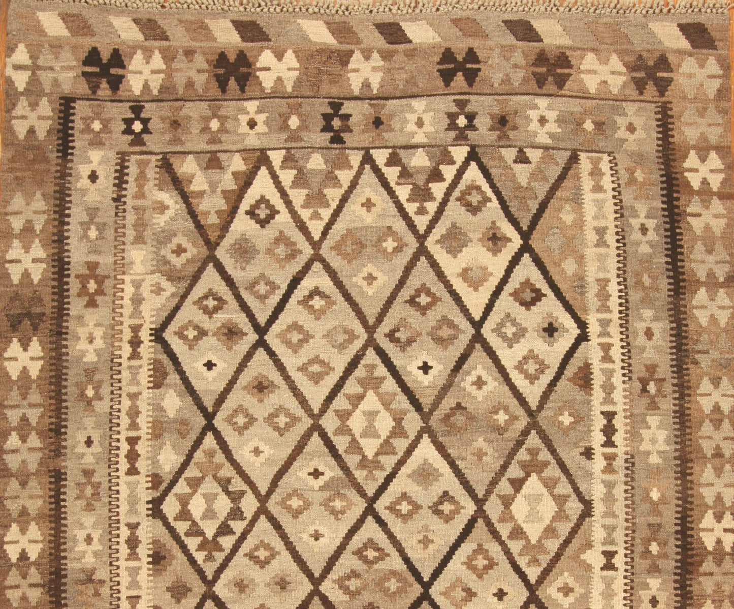 Close-up of the timeless geometric design on the Handmade Vintage Afghan Flatweave Kilim