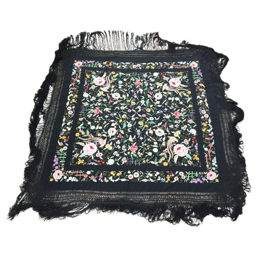 Handmade Vintage Chinese Silk Shawl featuring rich black color with intricate silk embroideries of floral patterns