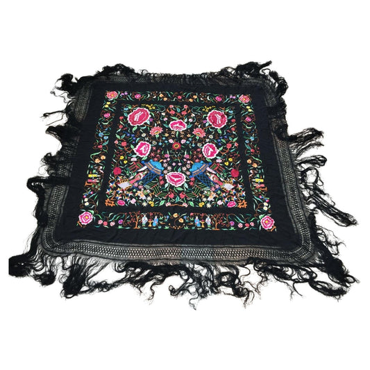 Handmade Vintage Chinese Silk Shawl featuring rich black color with intricate silk embroideries of floral patterns