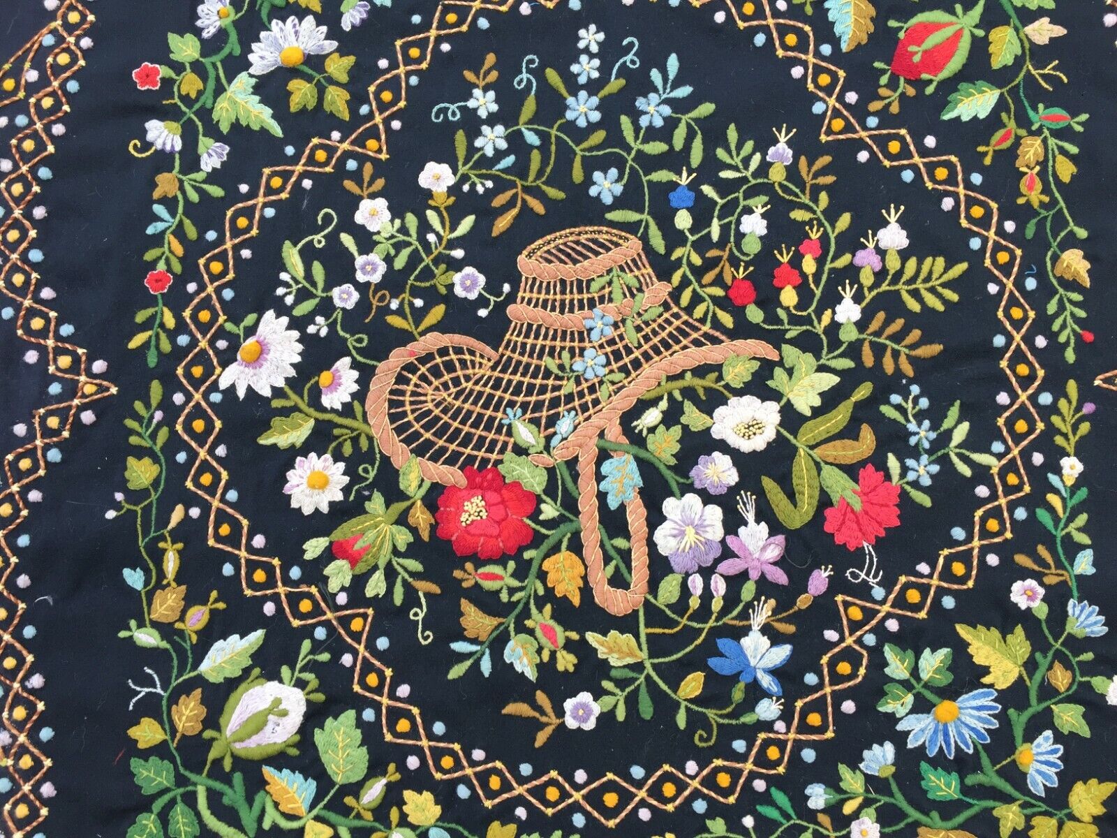 Close-up of the floral designs in various colors, showcasing the craftsmanship