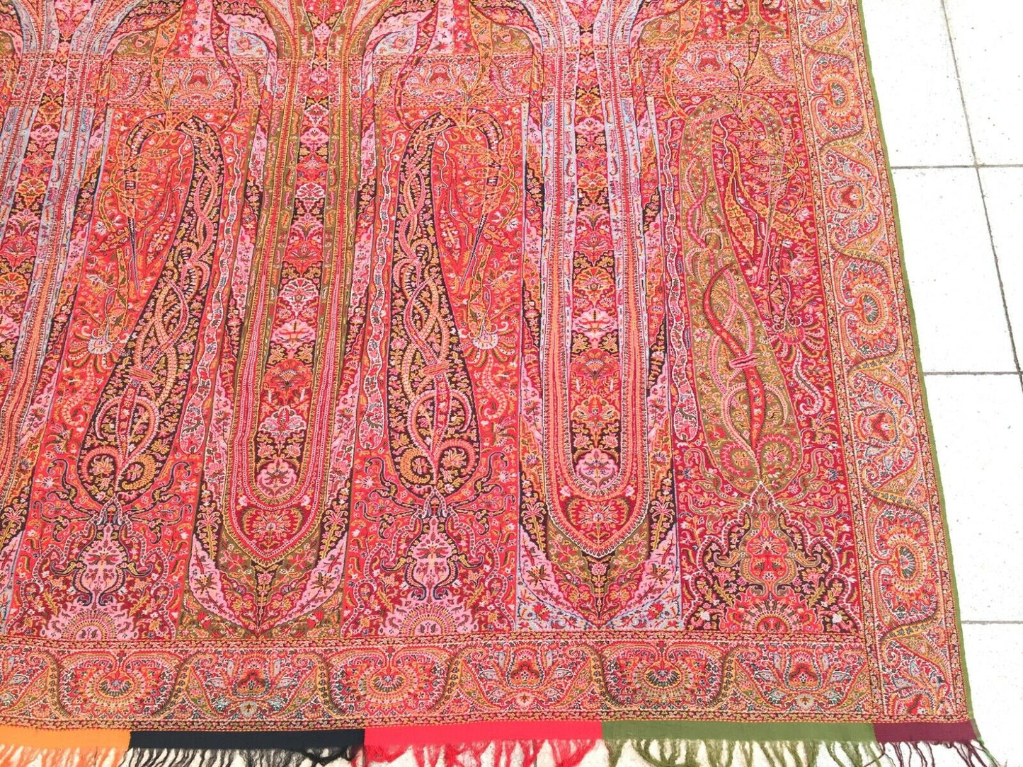 Intricate Designs Woven into Rich Red Fabric of Antique Kashmir Shawl - 1870s