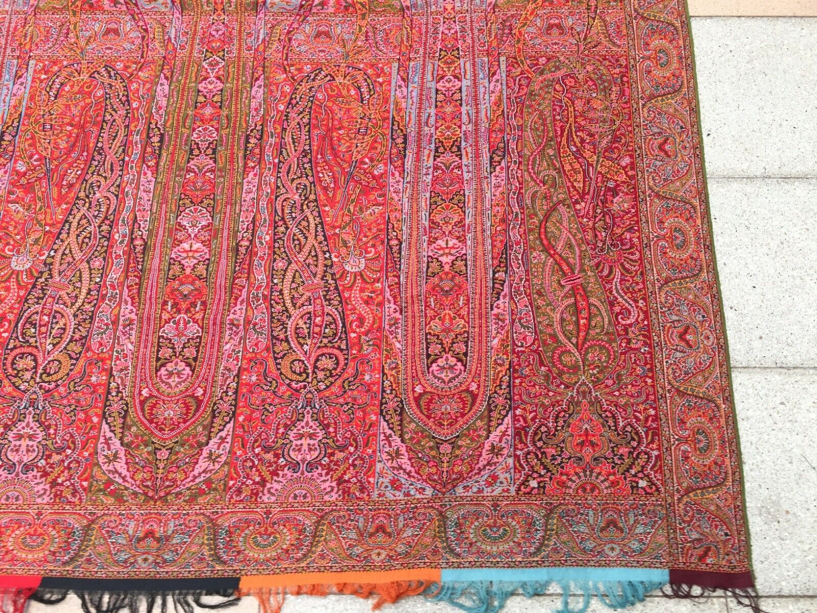 Vibrant Red Color Creating a Striking Backdrop on Handmade Antique Kashmir Shawl - 1870s