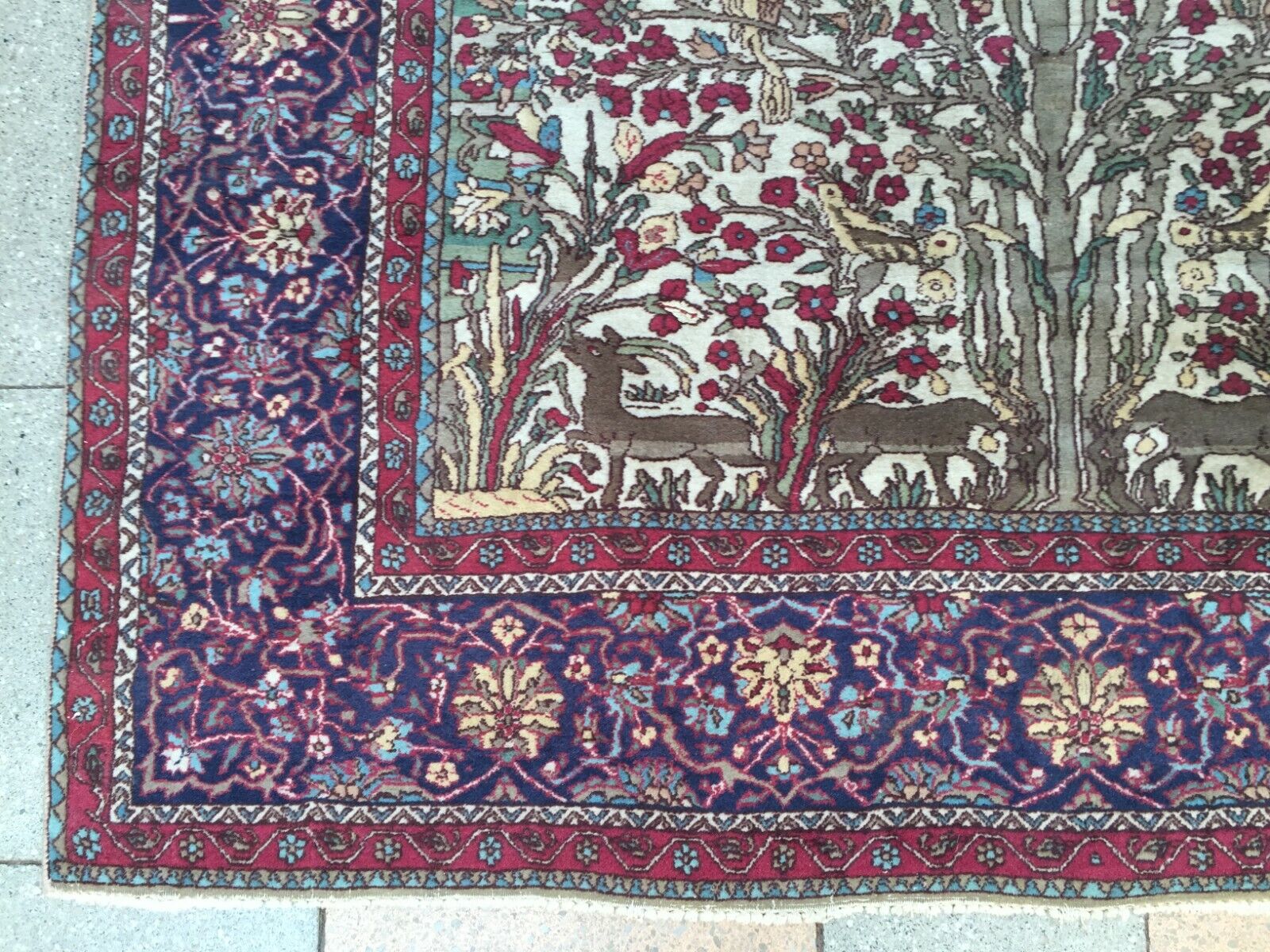 Rich Cream Base Color Creating Warm Backdrop on Antique Persian Kerman Rug - 1920s