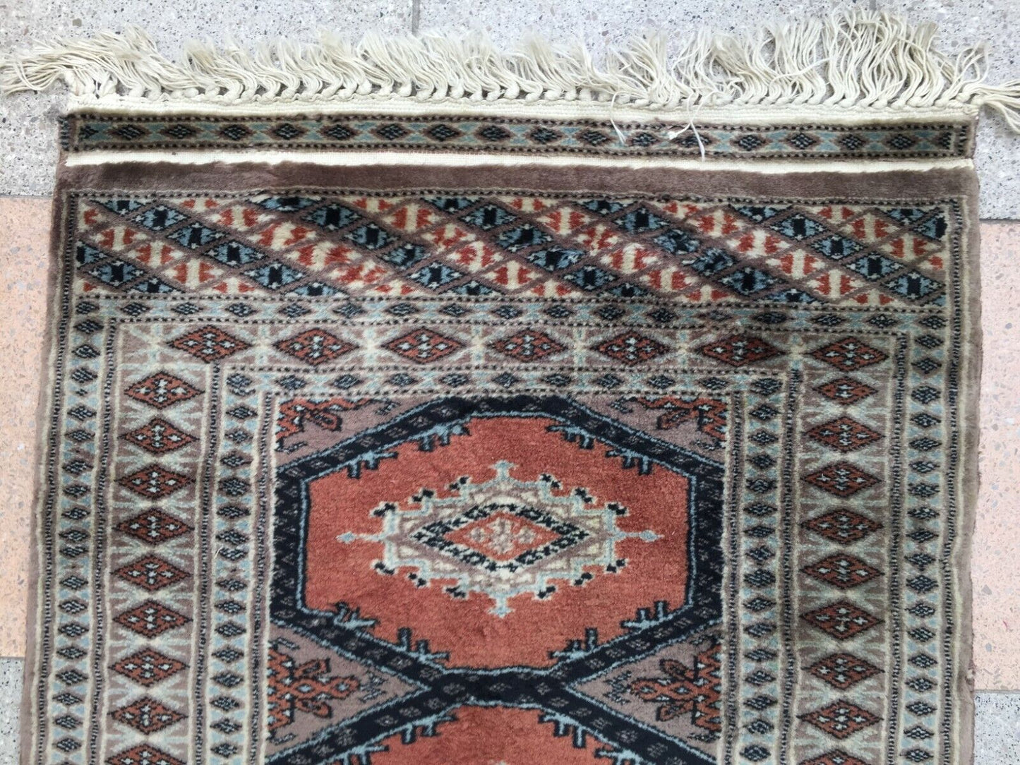 Intricate Geometric Surroundings with Various Shades of Blue, White, and Brown on Bukhara Rug - 1960s