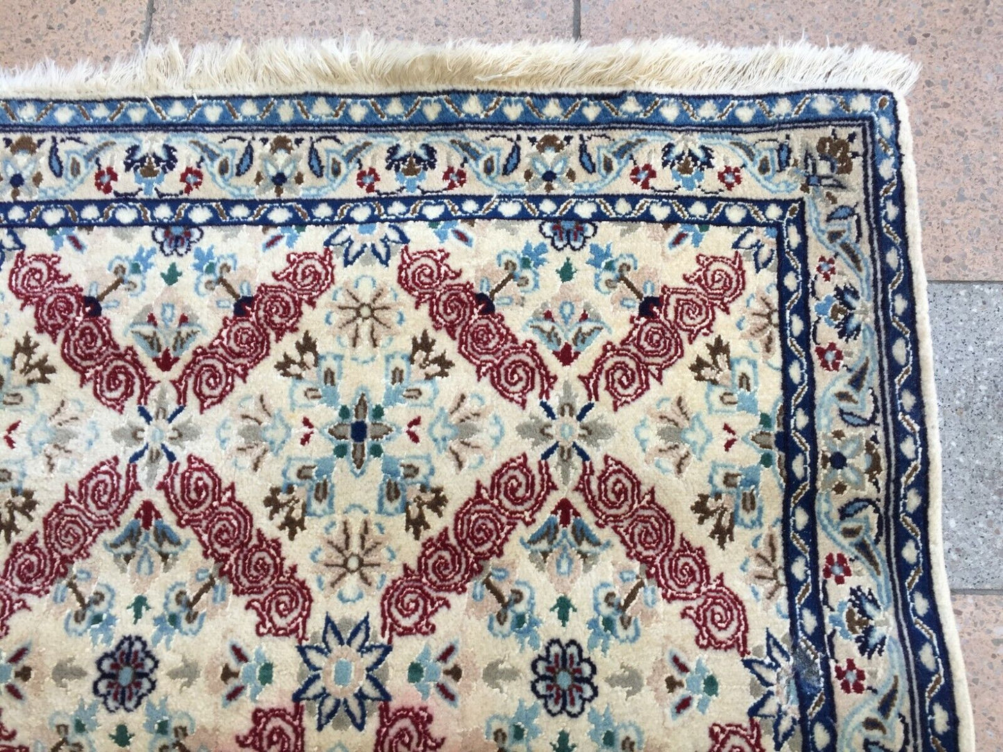 Intricate Red and Blue Diamond-Shaped Patterns with Floral Motifs on Handmade Nain Rug - 1960s