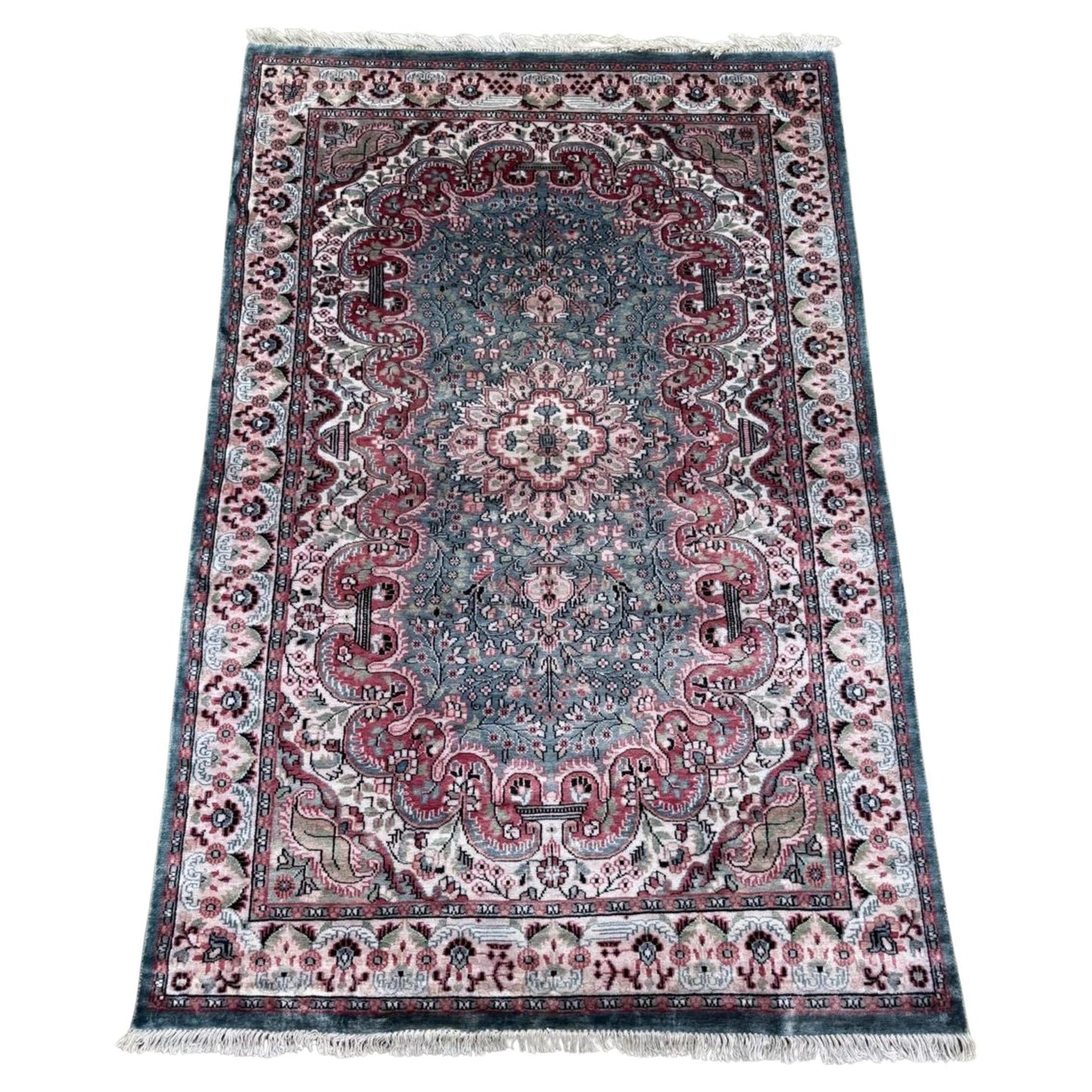 Vintage Kashan silk rug with central floral medallion

