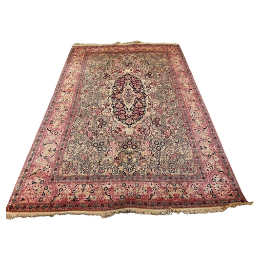 Full top view of the vintage Kashmir silk rug showing the complete all-over floral and boteh pattern.

