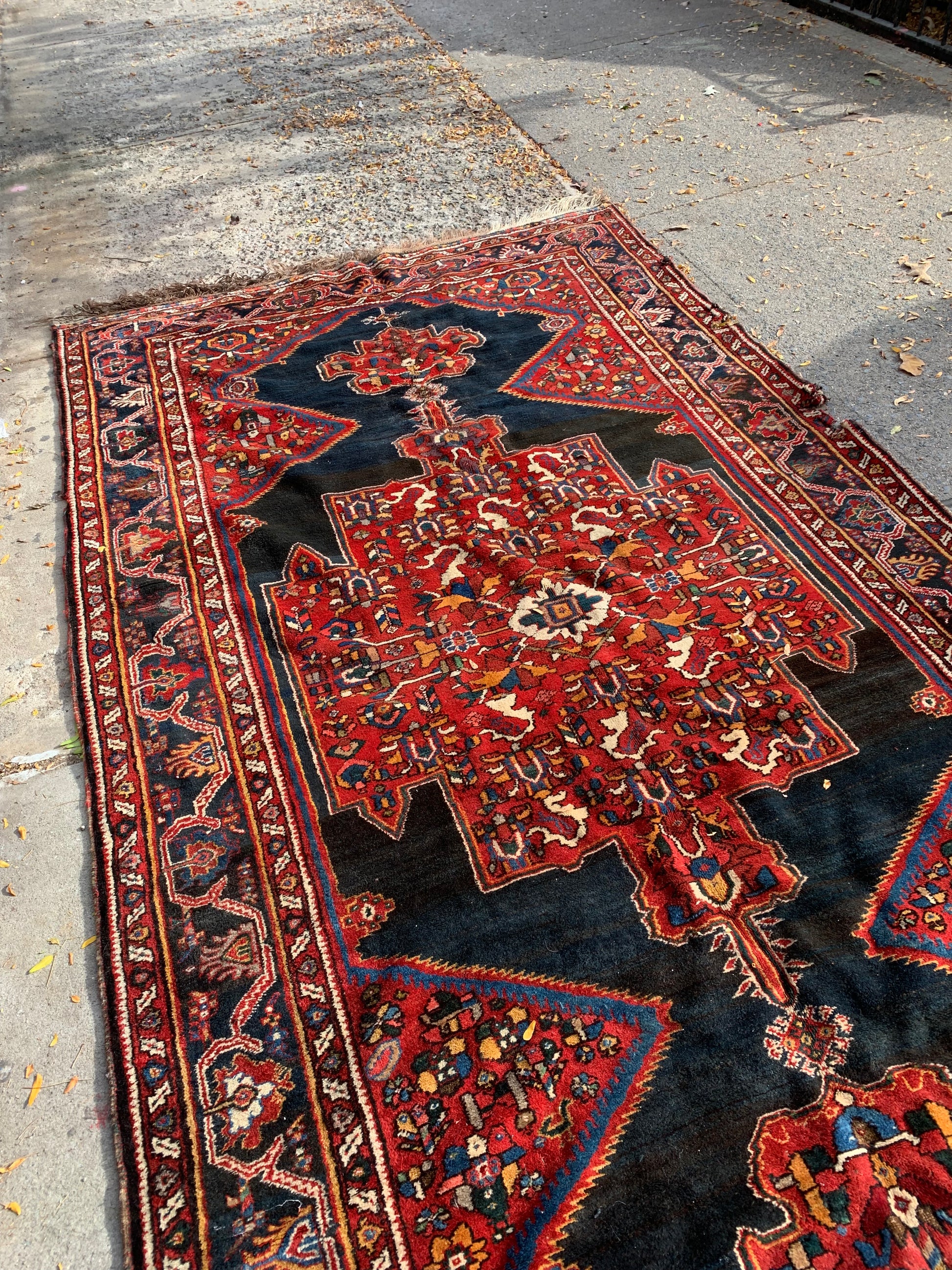Antique Persian rug showcasing a prominent central medallion.
