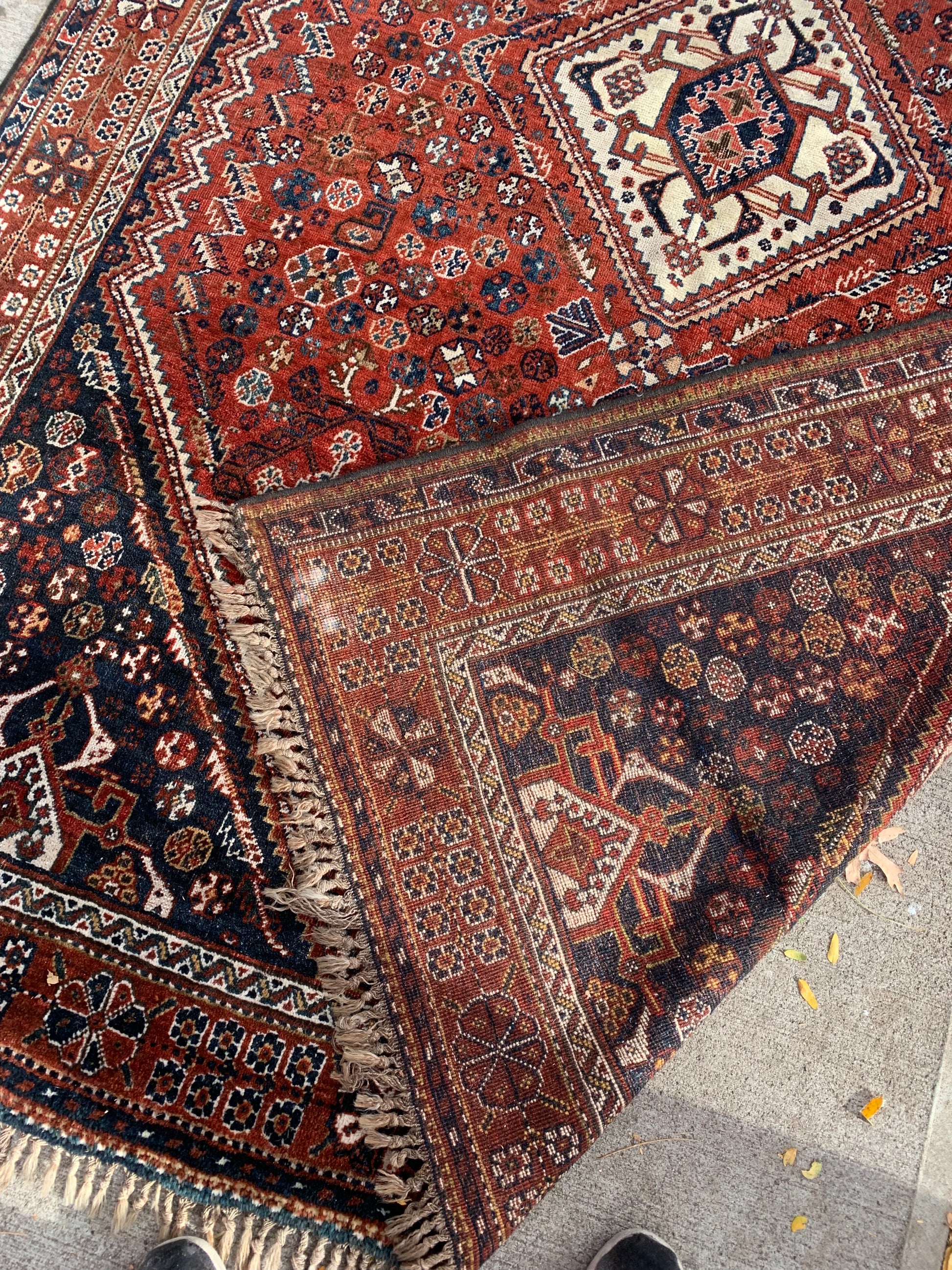 Vibrant red field with geometric motifs on a Qashqai rug.
