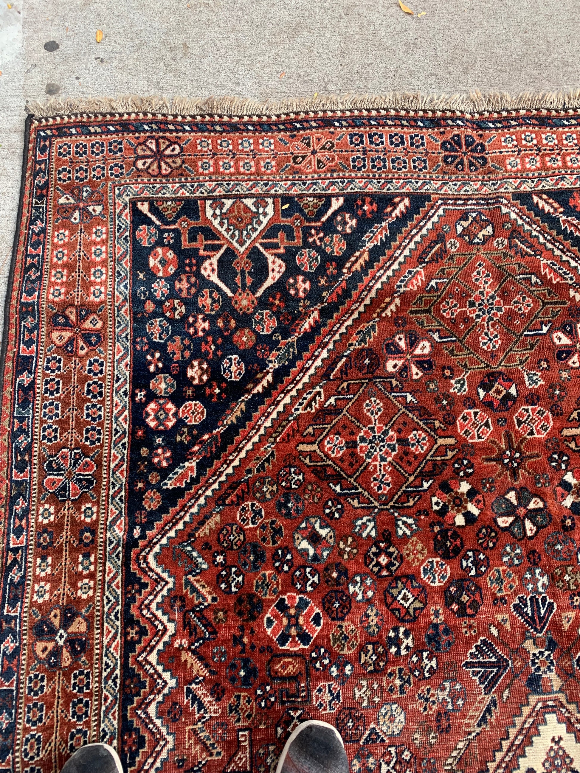 Persian rug with navy spandrels and detailed borders.
