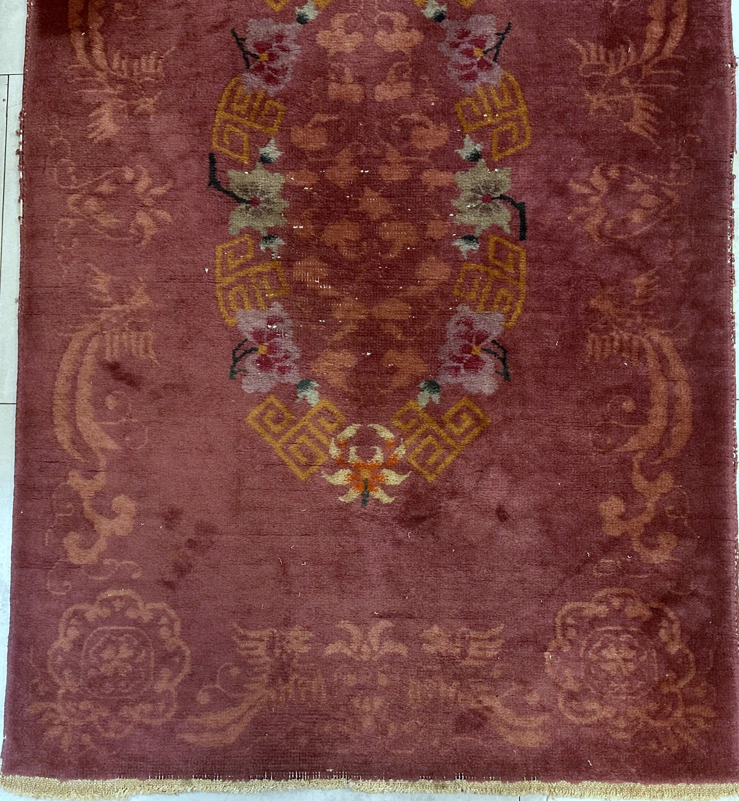 Antique Art Deco Chinese rug with vibrant geometric patterns
