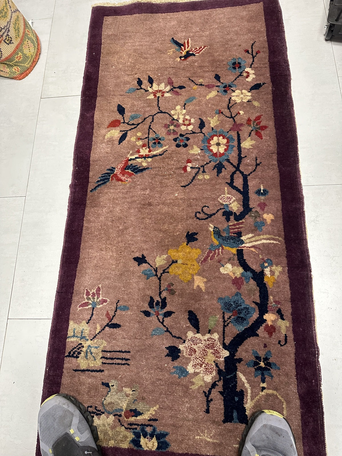 Vintage Art Deco Chinese rug with intricate wool patterns
