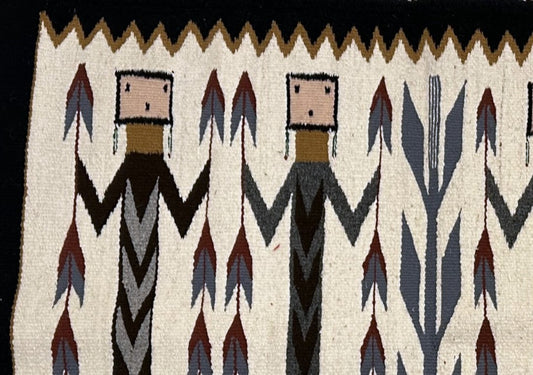 Stylized human figures holding feather-like objects

