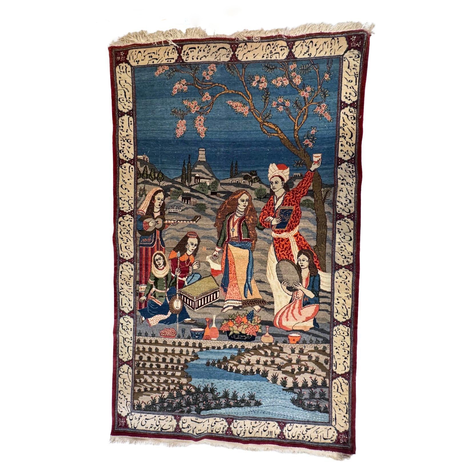 Antique Kashan pictorial rug with figurative scene

