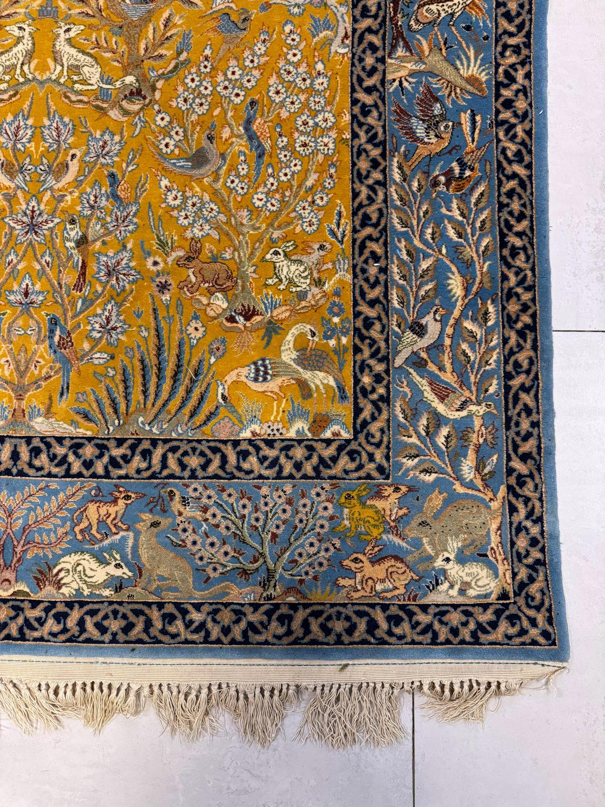 Mustard yellow field with teal blue tree motif

