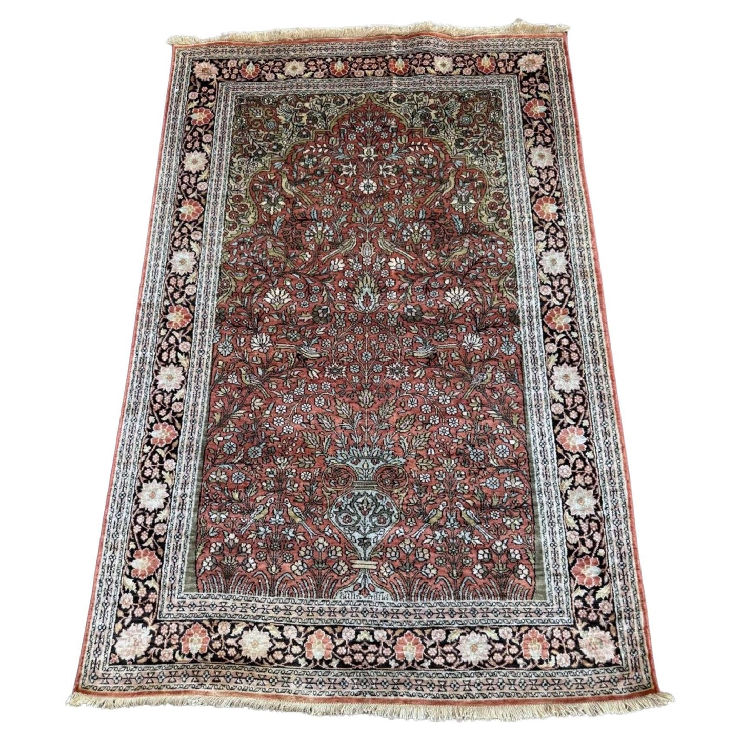 Antique Kashan silk prayer rug with mihrab arch design

