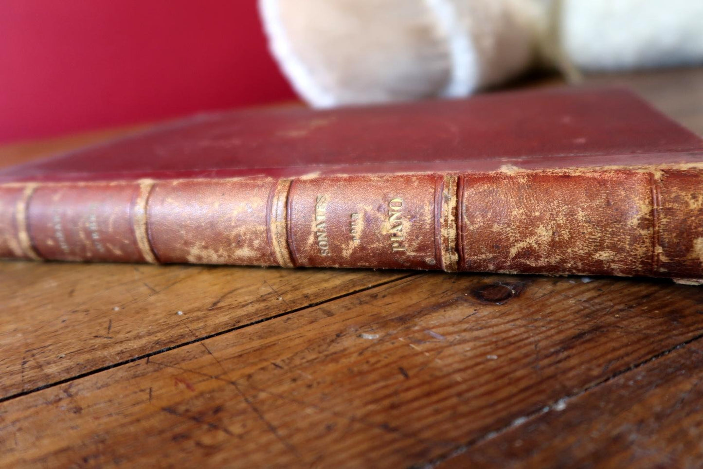Shot of spine showing cover material and edge wear


