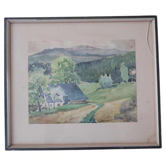Front view of framed antique watercolor painting by Behrendt

