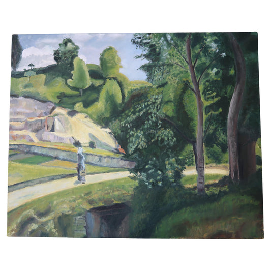 Front view of vintage oil on canvas painting showing full composition

