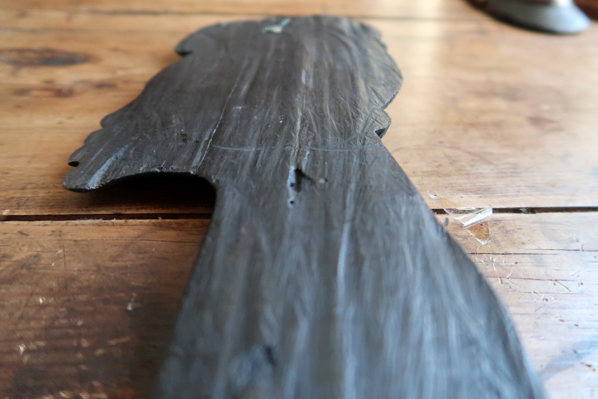 Luminous black-brown luster and soft sheen on the polished hardwood surface of an African relief carving.