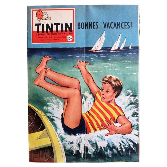 Front cover illustration of Journal de Tintin issue 513 showing Bonnes Vacances summer speedboat artwork