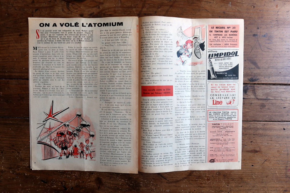 Open book with text and illustrations on a wooden surface