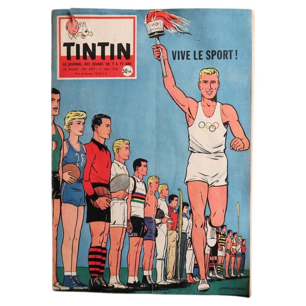 Journal Tintin No. 497 dated May 1, 1958, featuring an Olympic torch and cycling-themed cover illustration