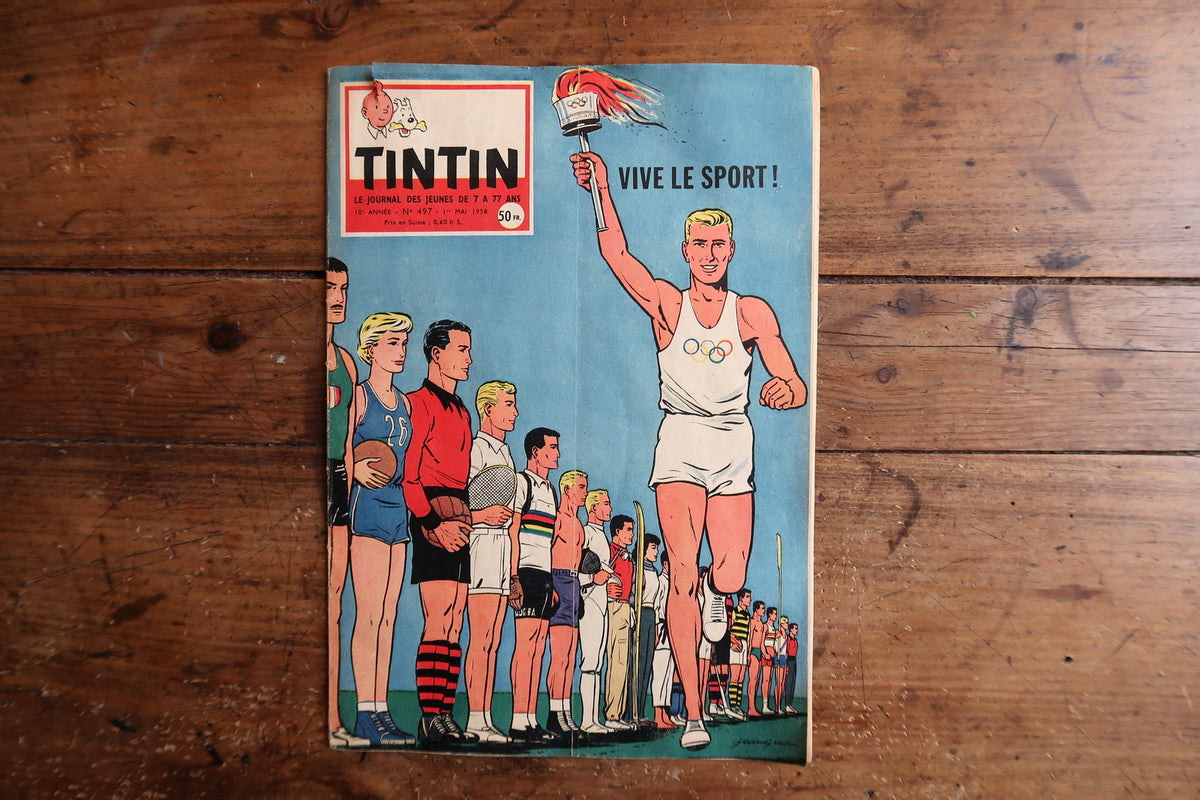Rare Tintin issue from May 1, 1958, highlighting athletics and cycling themes