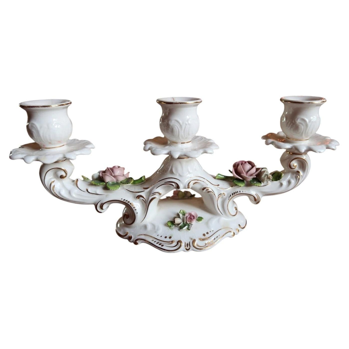 Vintage Schumann Arzberg German porcelain 3-arm candelabra with hand-painted roses and ornate gold trim (Ref: 2C112).