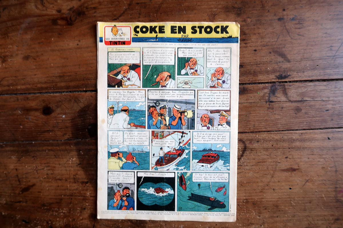 Vintage paper condition and authentic aged patina on a rare 1958 Hergé Le Lombard Journal Tintin collectible publication.