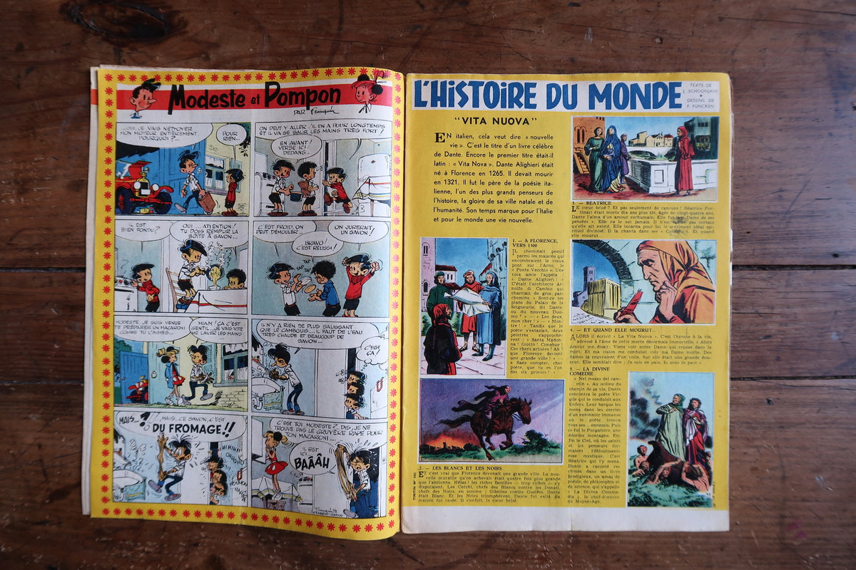 Collectible vintage January 1958 Tintin magazine cover with vibrant mid-century European comic artwork and typography.