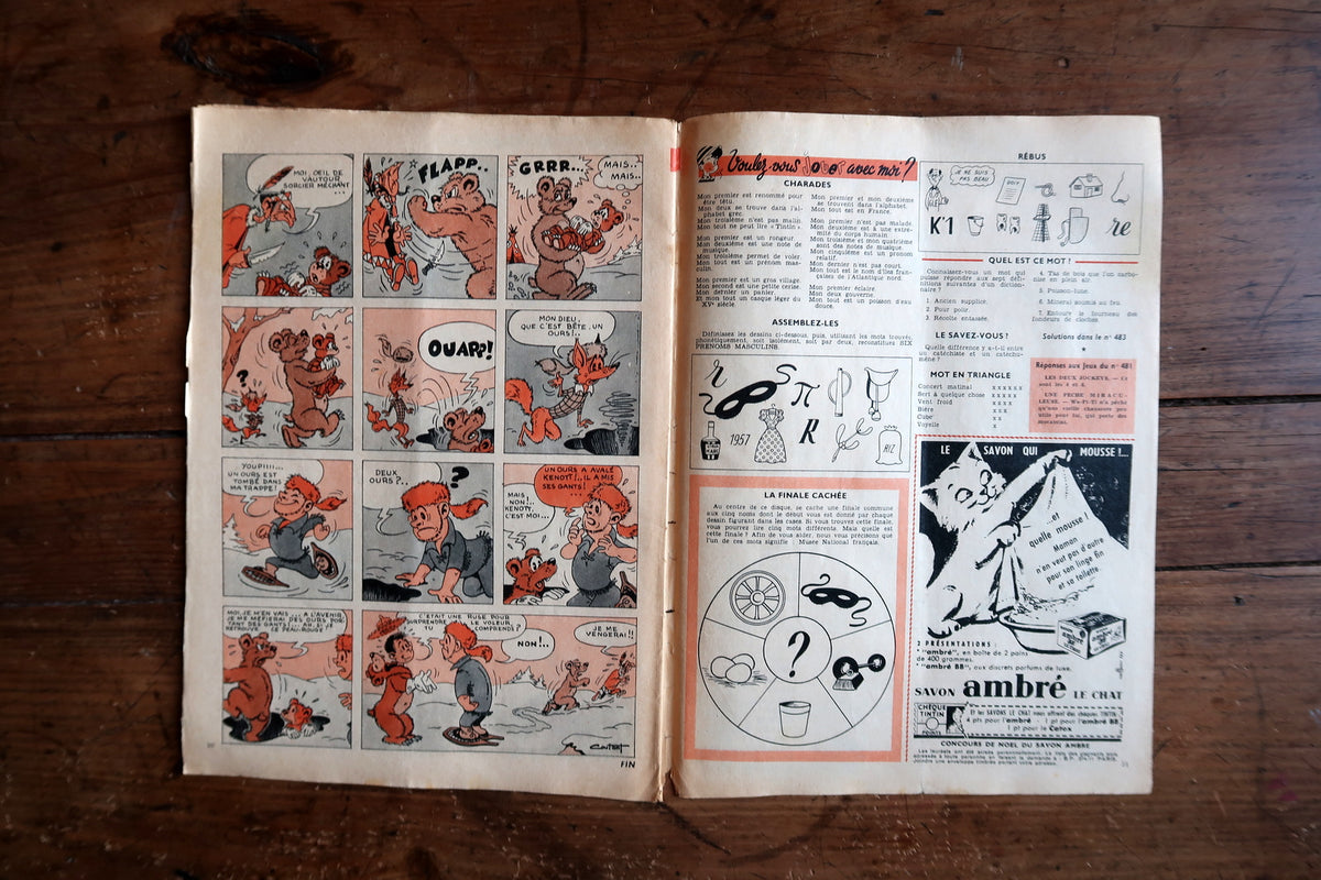 Rare 1958 Hergé Tintin adventure serialized comic magazine page in original vintage print.