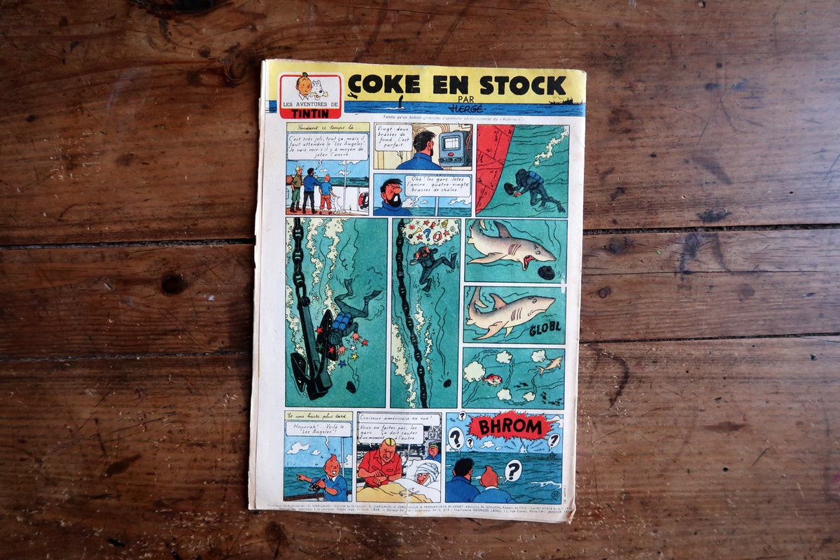 Vintage paper condition and authentic aged patina on a rare 1958 Hergé Le Lombard Journal Tintin collectible publication.