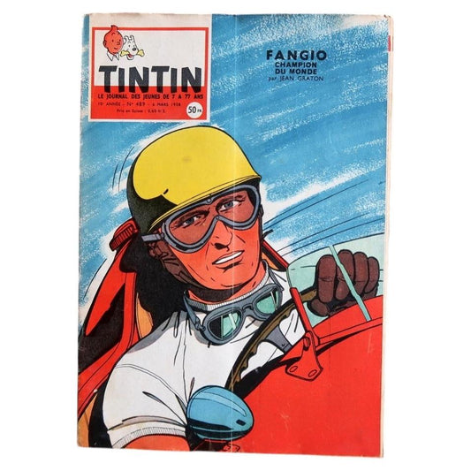 Vintage March 1958 Belgian Journal Tintin magazine issue number 489 featuring Jean Graton Juan Manuel Fangio cover art (Ref: 2C120).