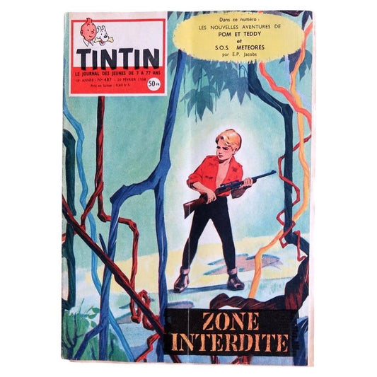 Vintage February 1958 Belgian Journal Tintin magazine issue number 487 featuring Zone Interdite and Edgar P. Jacobs S.O.S. Météores serialized adventures (Ref: 2C121).