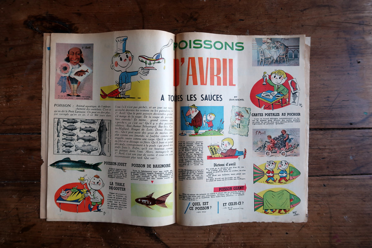 Poissons d’Avril à Toutes les Sauces spread with fish, cartoons and postcard illustrations