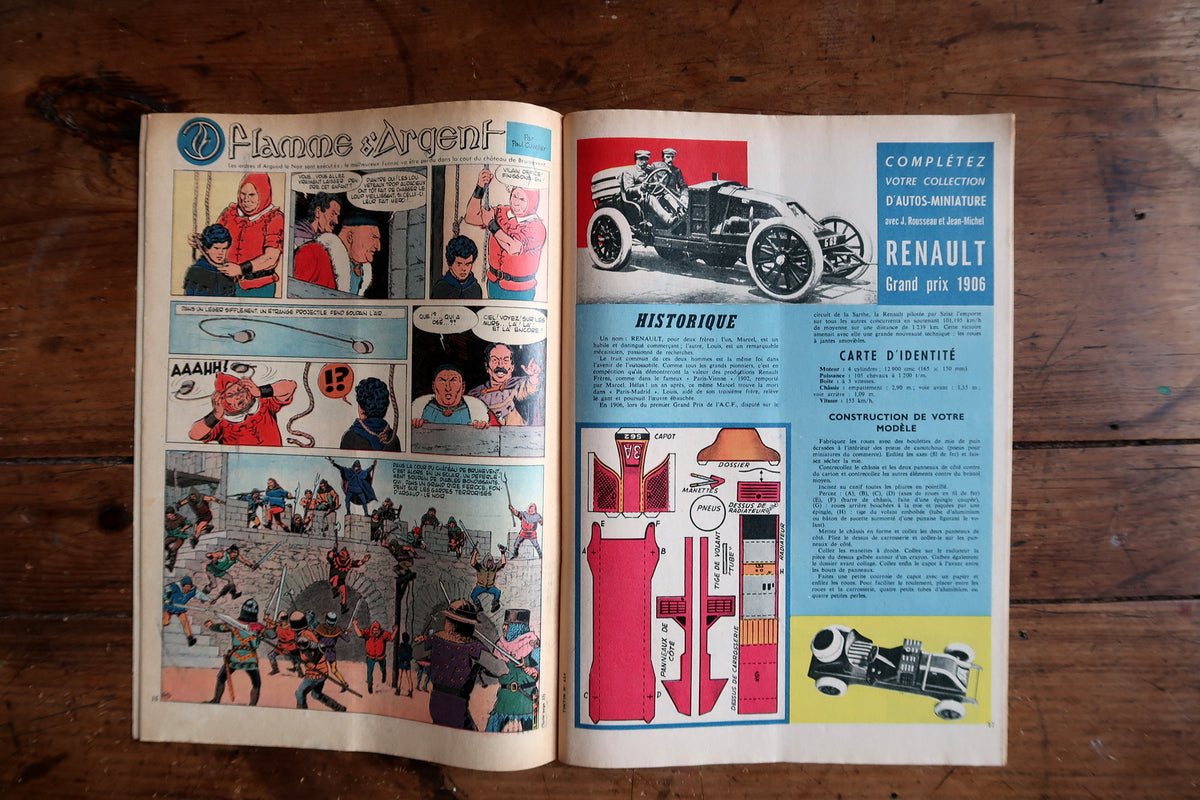 Flamme d’Argent comic beside Renault Grand Prix 1906 model page with uncut printed components