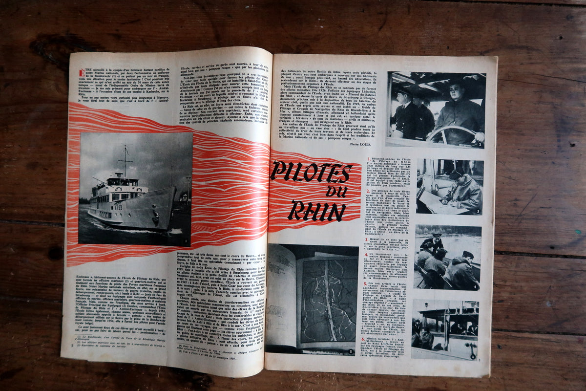 Pilotes du Rhin double-page feature with vessel photographs, navigation scenes and red line pattern