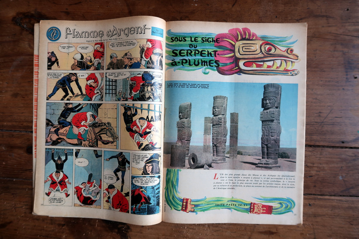 Flamme d’Argent comic beside Sous le signe du serpent à plumes feature with monumental carved figures