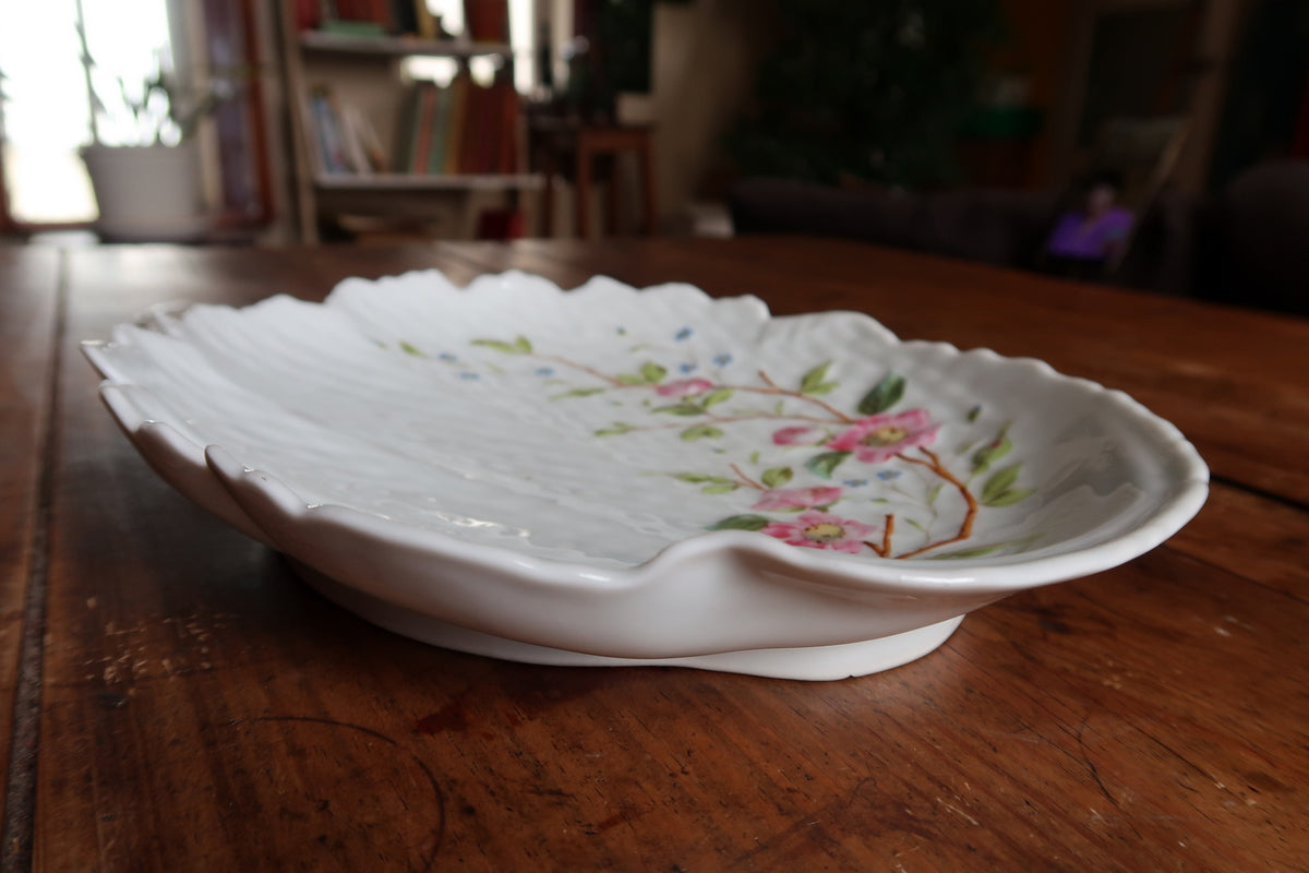 Side profile showing shallow shell bowl, raised rim and low supporting foot