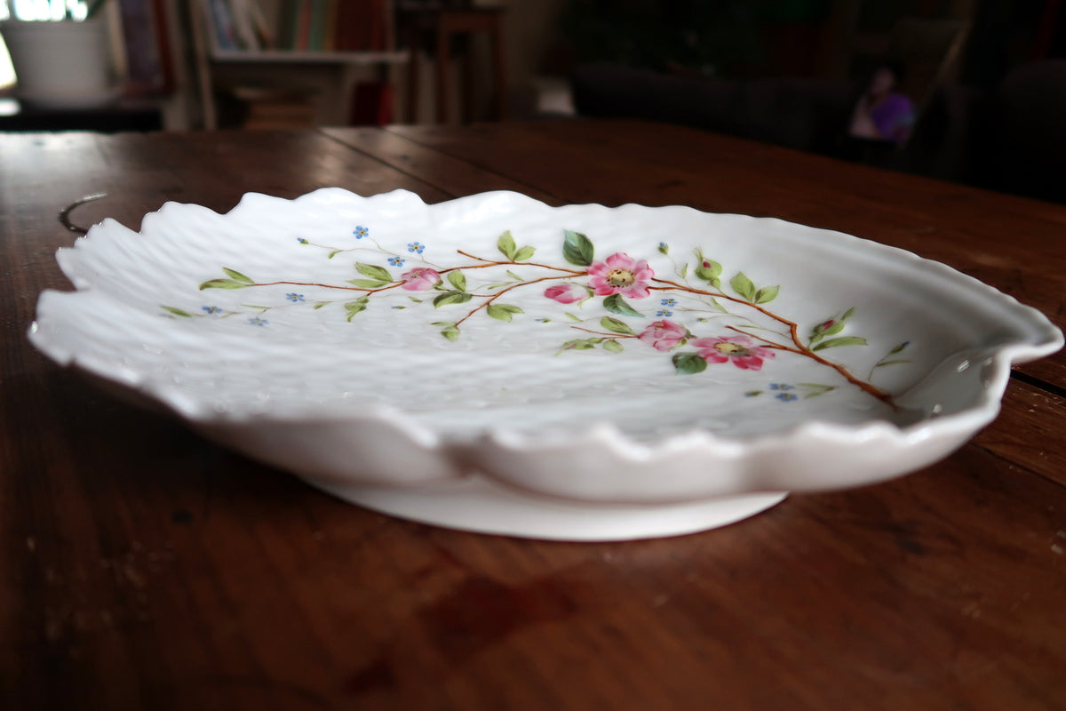Low side view of scalloped shell rim and floral decoration