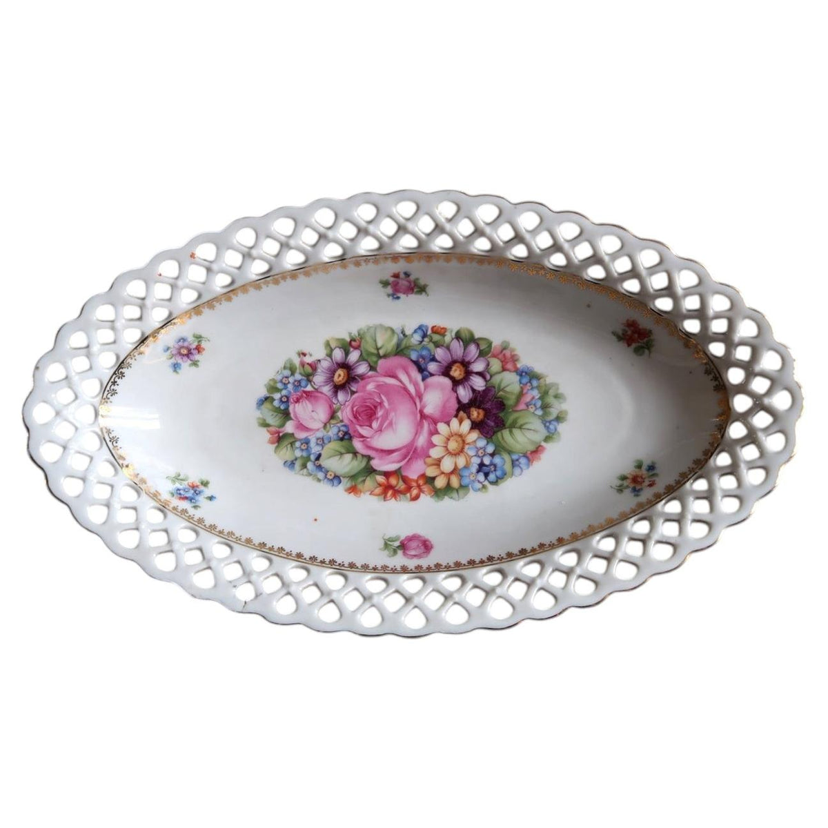 Carl Schumann oval porcelain dish 2C134 with floral bouquet and pierced lattice rim