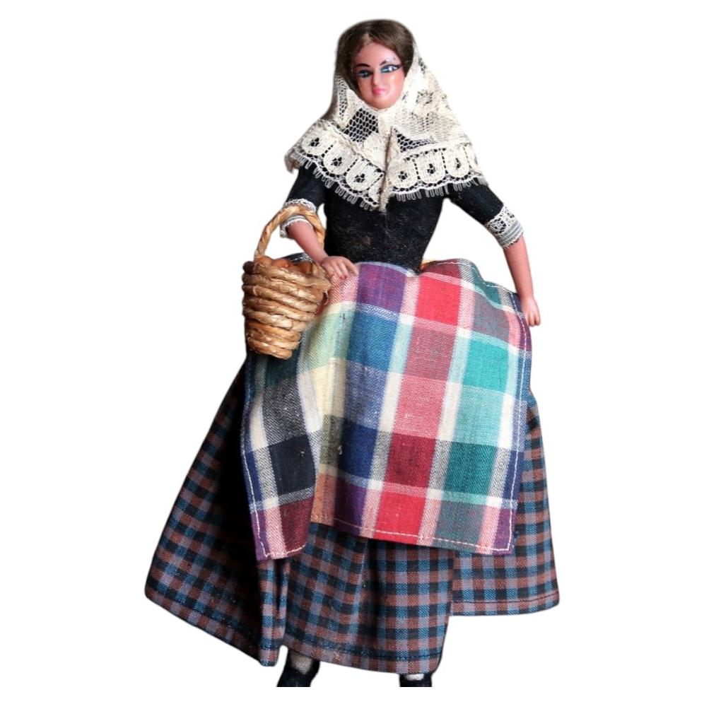 Vintage French costume doll 2C136 with lace headdress, checked apron and basket